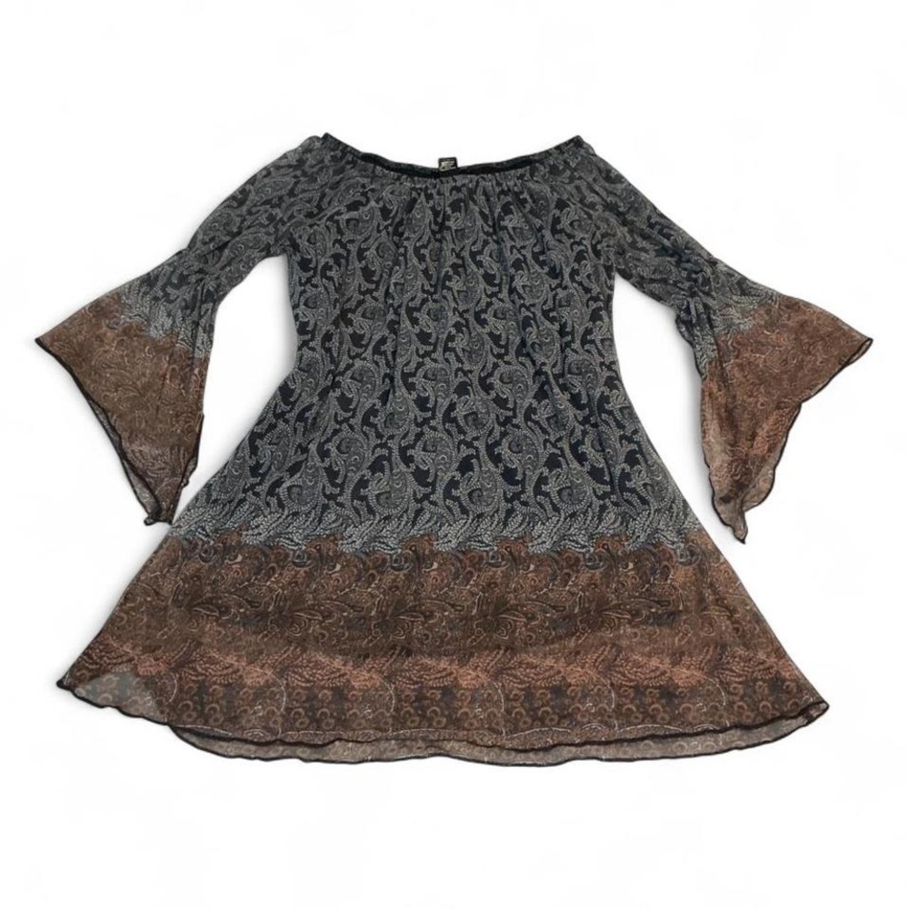 Boho and peasant top or mini‎ dress with long bell sleeves and a paisley print.